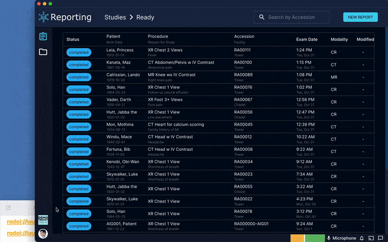 Rad AI Reporting creating new reports using deep-links